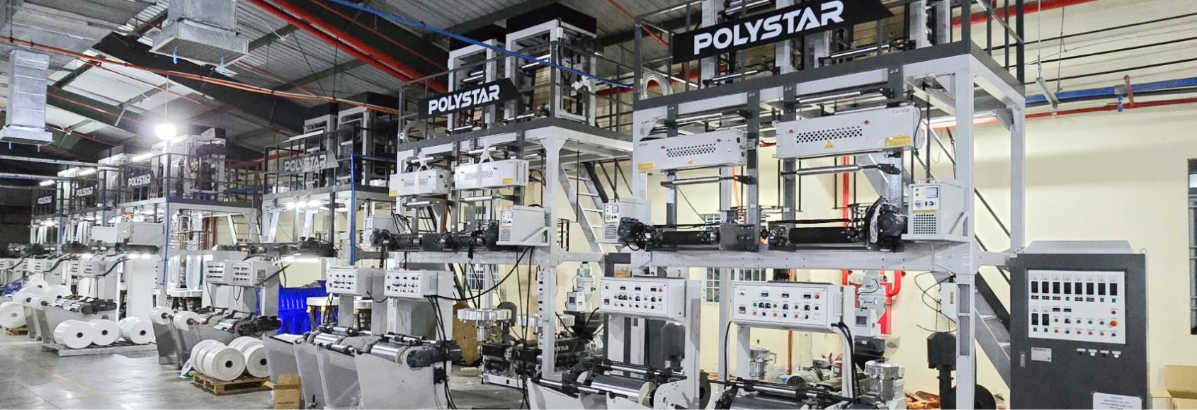 POLYSTAR twin-head monolayer blown film machines run in the Vietnamese factory
